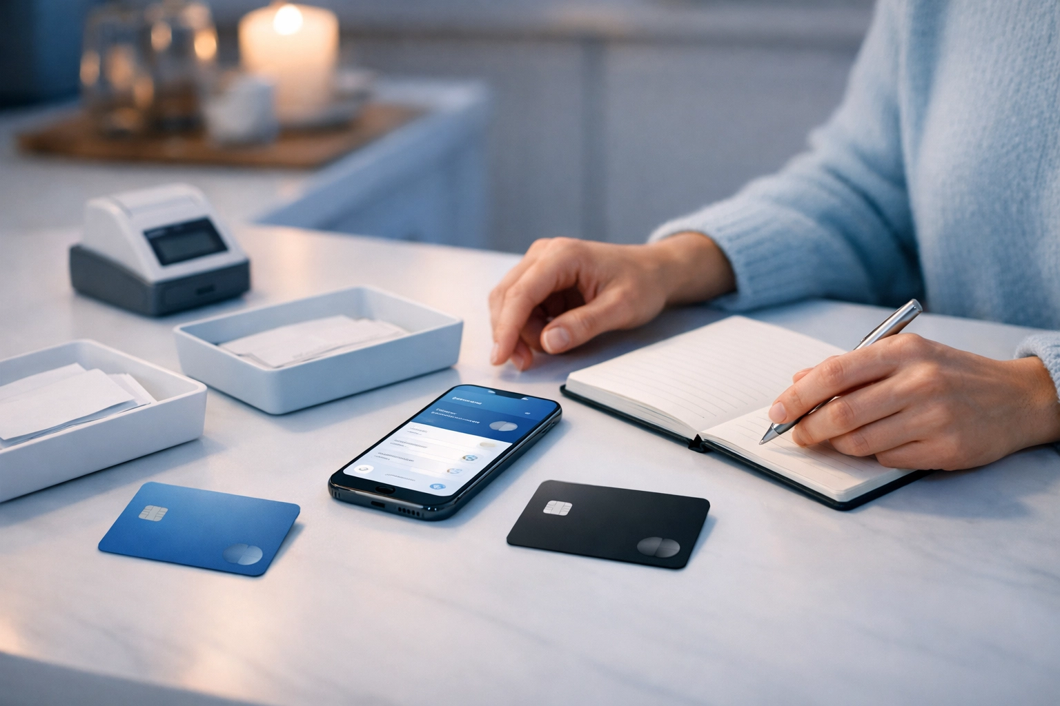 Small business owner separating bank accounts and organizing receipts at a kitchen table.