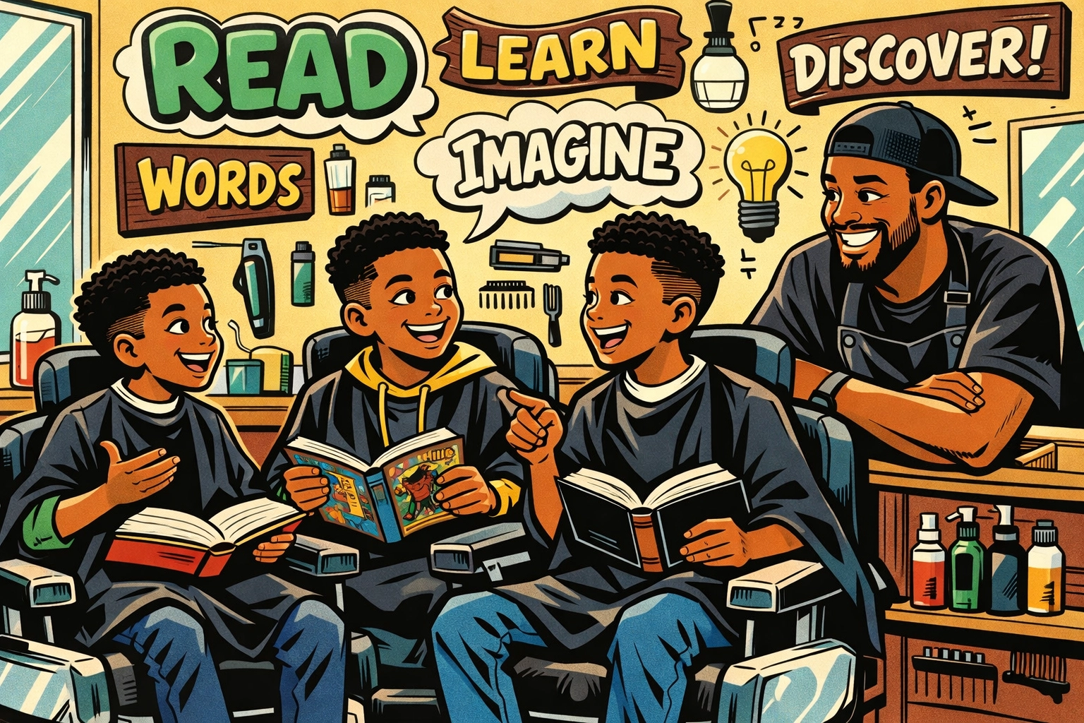 Young Black boys reading and discussing books in barbershop with barber, CRC literacy initiative