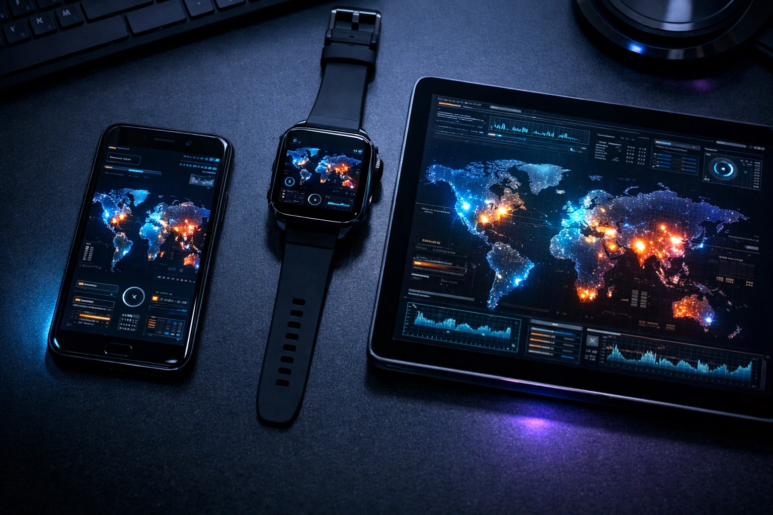 A modern tech setup with a smartwatch and phone displaying global time zones and UTC offsets.