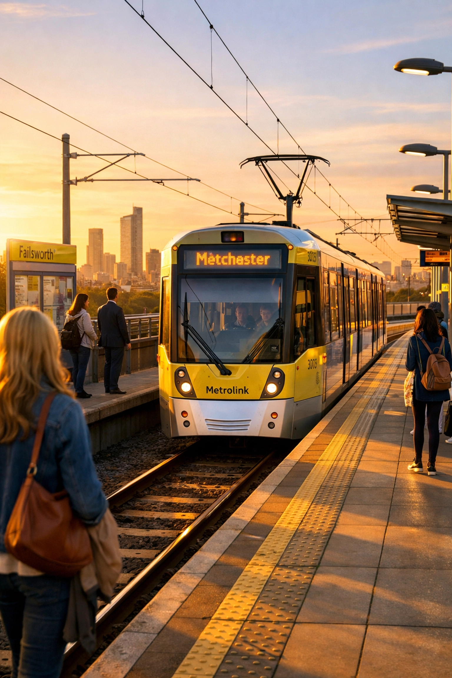 Failsworth Metrolink station with tram arriving and Manchester skyline in background