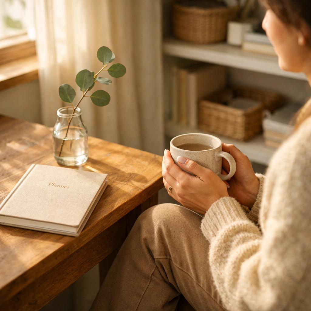 Person in a cozy home office reflecting on an affordable psychotherapy investment.