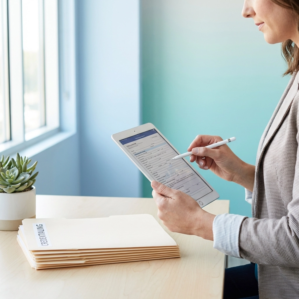 Medical administrator reviewing ASC credentialing documents for higher-acuity procedures compliance