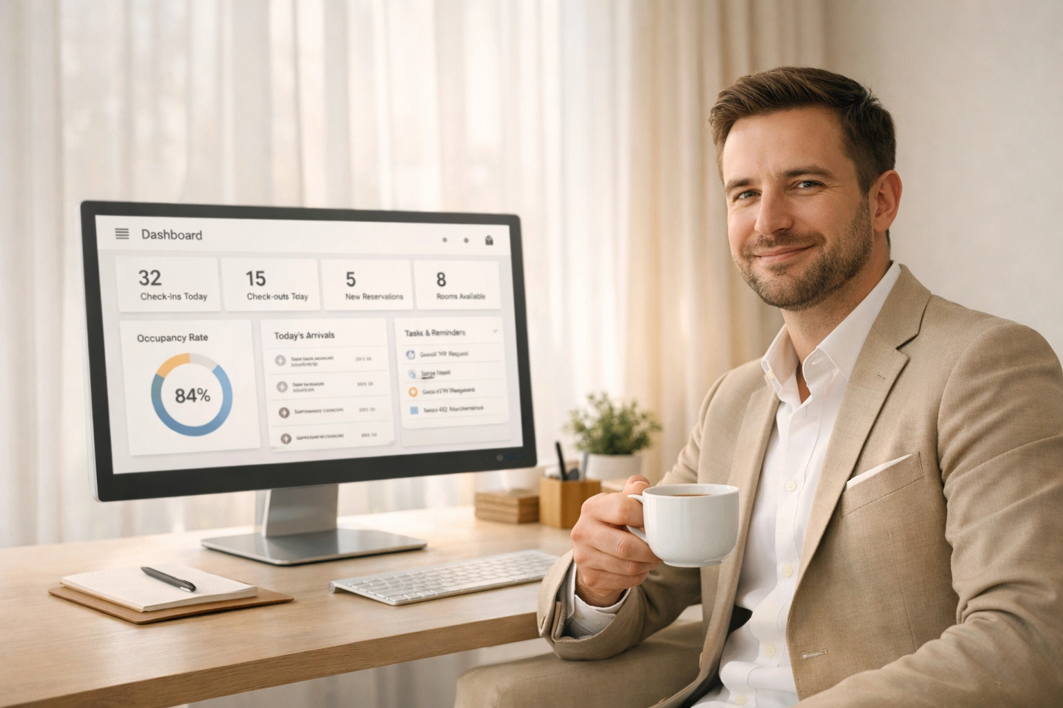 Hotel manager viewing centralized dashboard on hotel management software