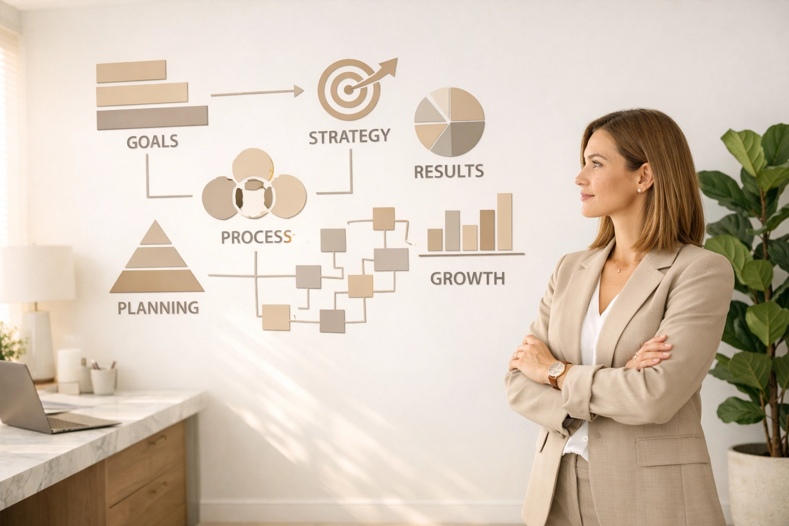 Woman entrepreneur analyzing a strategic business roadmap to achieve her professional goals through effective coaching.