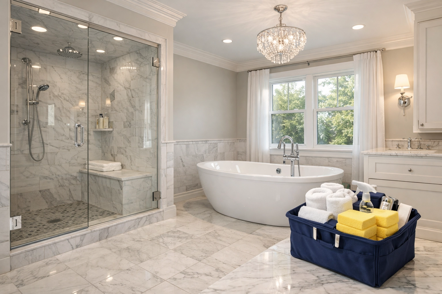 A sparkling luxury bathroom in Shirley MA showcasing professional tools used for high-quality house cleaning.