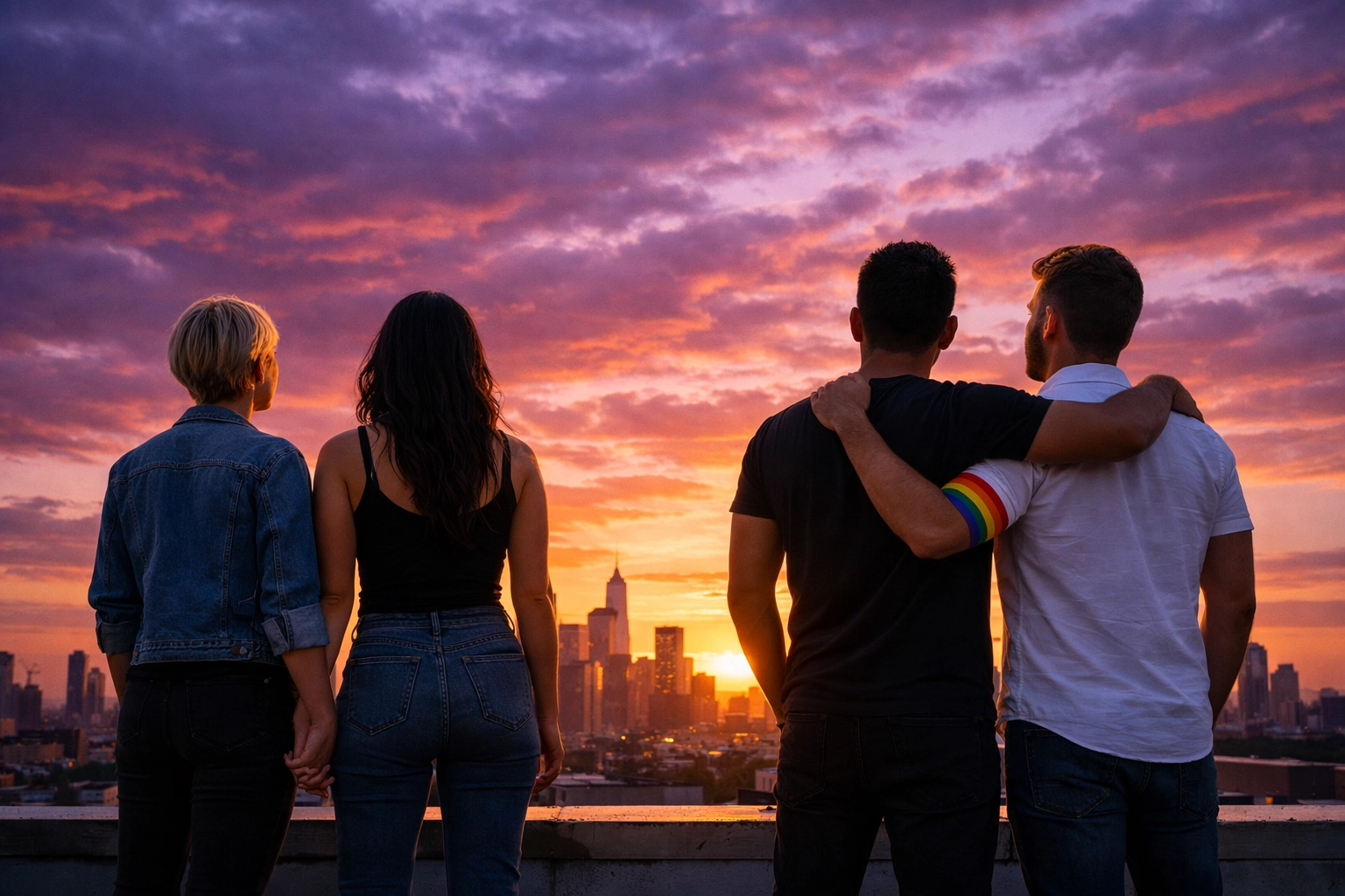 Diverse LGBTQ+ community members on a rooftop at sunset symbolizing the strength of queer fiction authors.