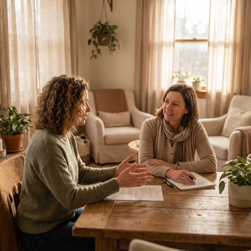 Two women discuss surrogacy contract and legal rights in New York, illustrating surrogate protections and legal representation