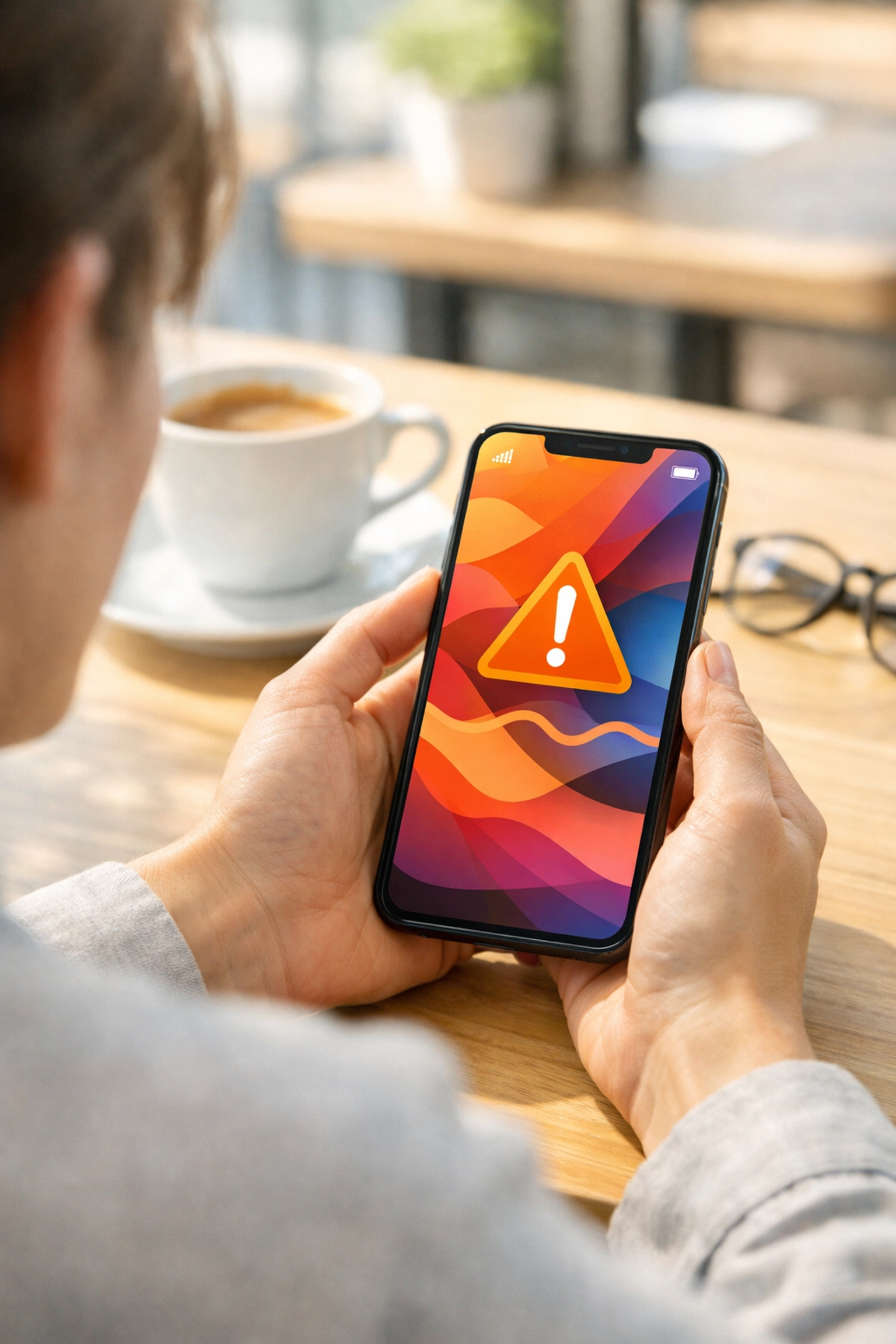 Smartphone with a security alert in a cafe, emphasizing the need for expert malware removal in Vacaville.