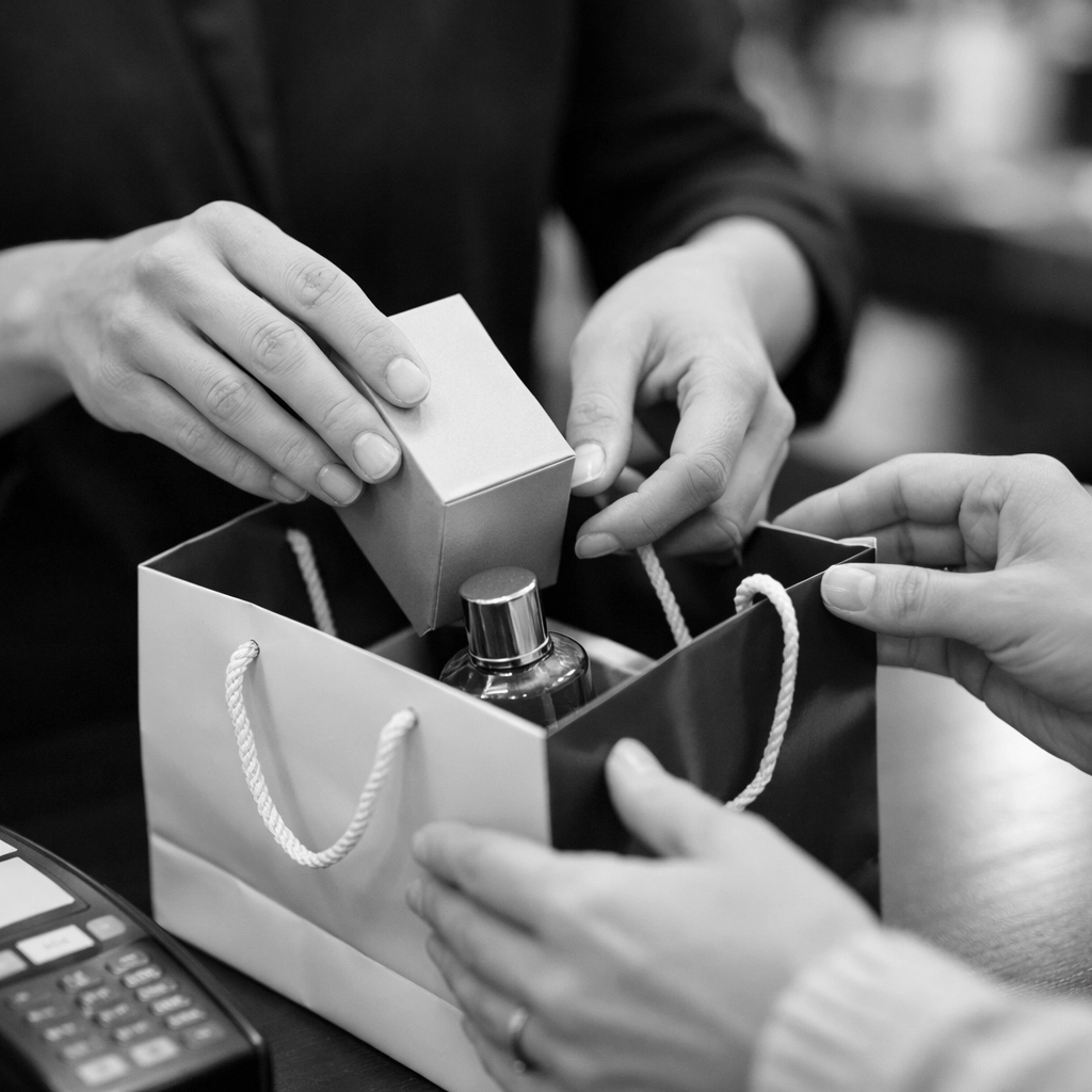 In-store purchase completion at retail checkout counter with shopping bag