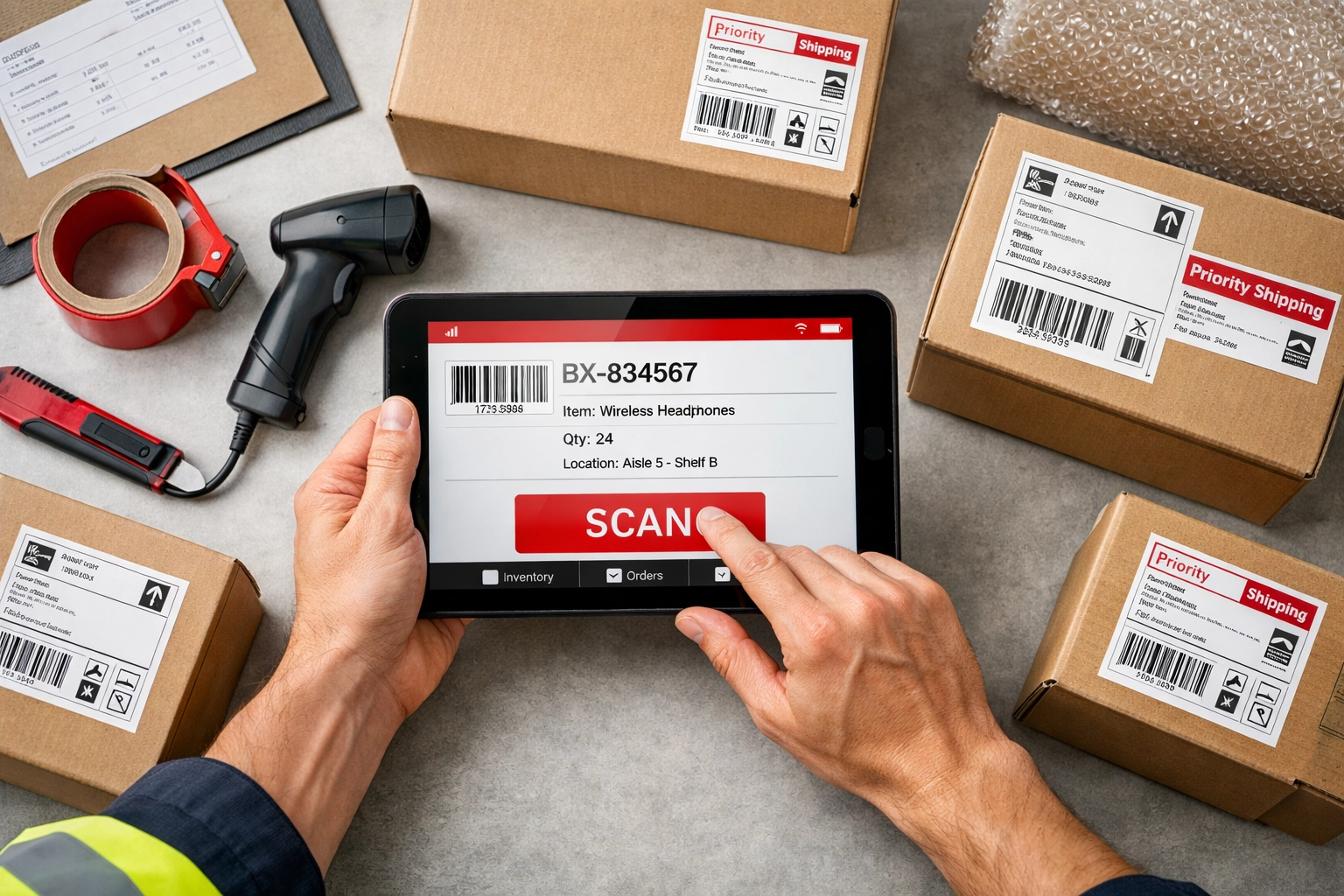 Warehouse worker scanning inventory with tablet for accurate order fulfilment