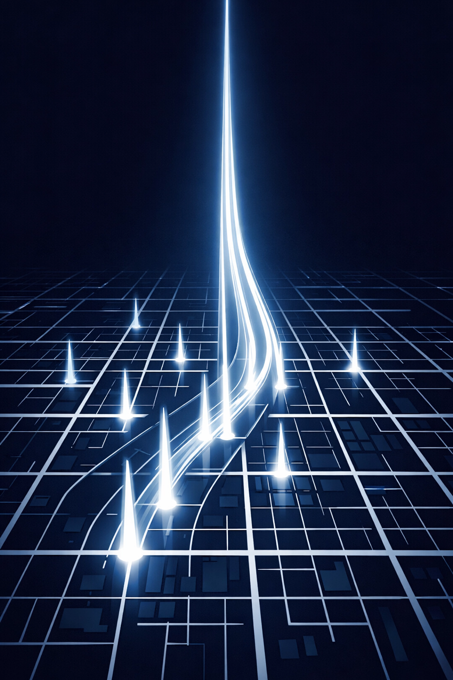 City grid with light beams showing automated data synchronization and competitive market intelligence.