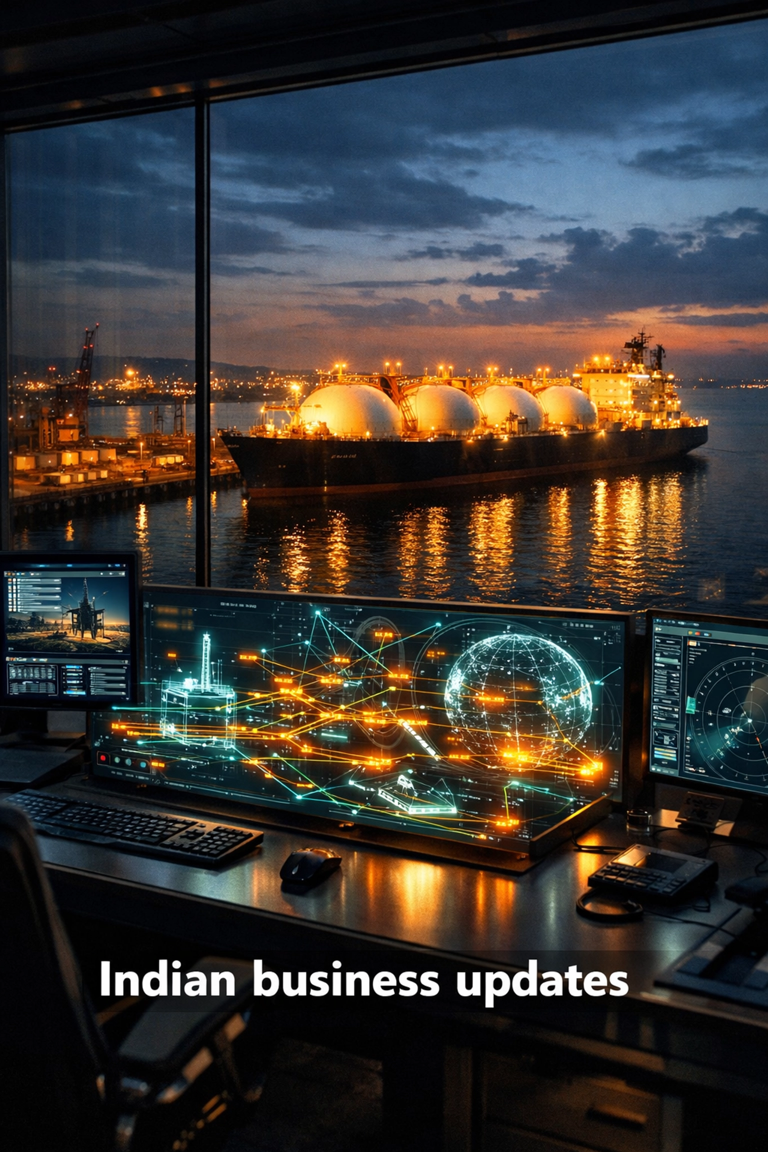 Indian business updates featuring a high-tech command center monitoring LNG tankers for strategic energy security.