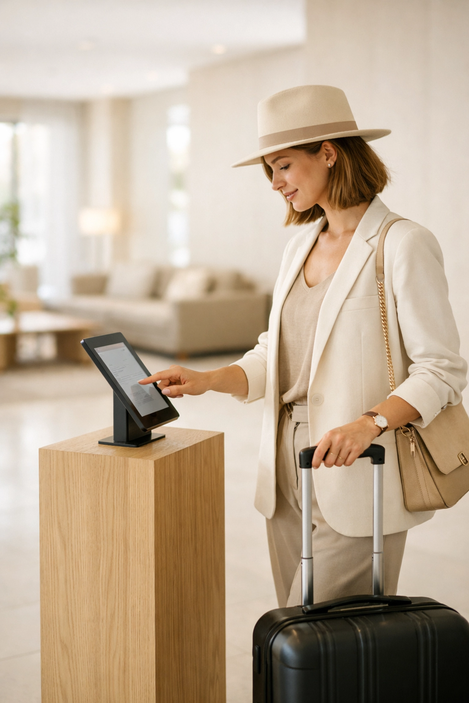 Modern hotel guest using a sleek self-check-in kiosk in a minimalist lobby.