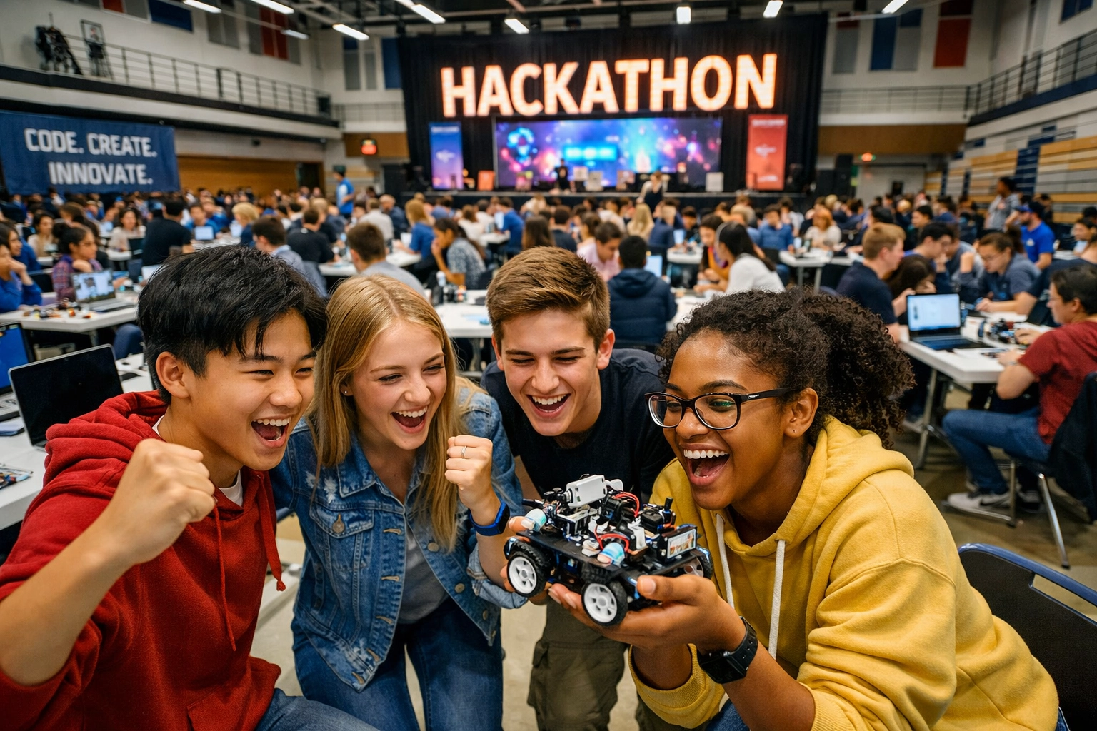 High school students collaborating at a tech hackathon to solve real-world business challenges.