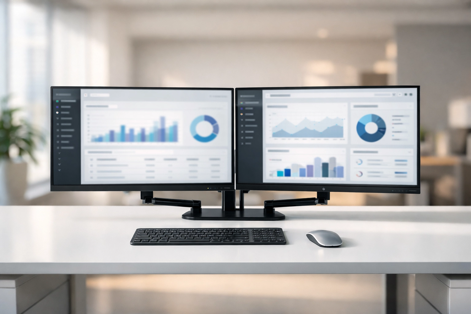 High-performance dual-monitor workstation running professional tax software for business scaling.