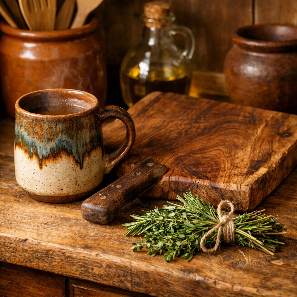 Functional artisan home decor including a handmade ceramic mug and wooden cutting board on a kitchen counter.