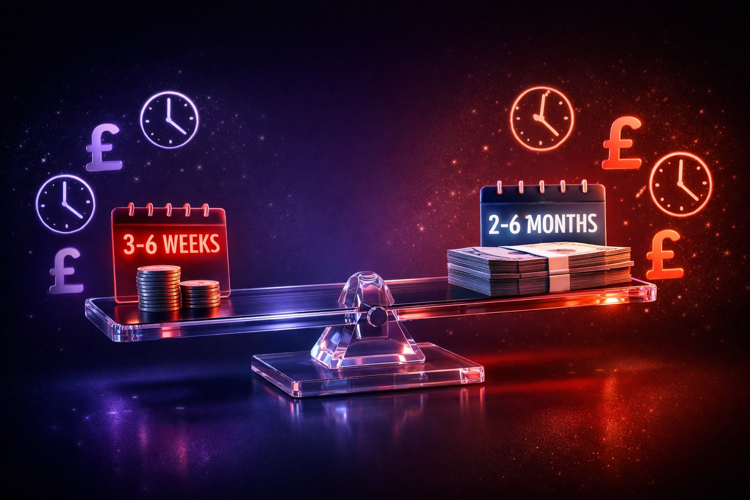 Website redesign costs and timeline comparison on a balance scale