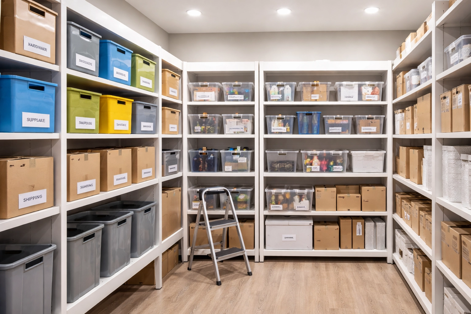 Well-organized storage room with labeled shelves and color-coded bins, representing efficient inventory control for businesses.