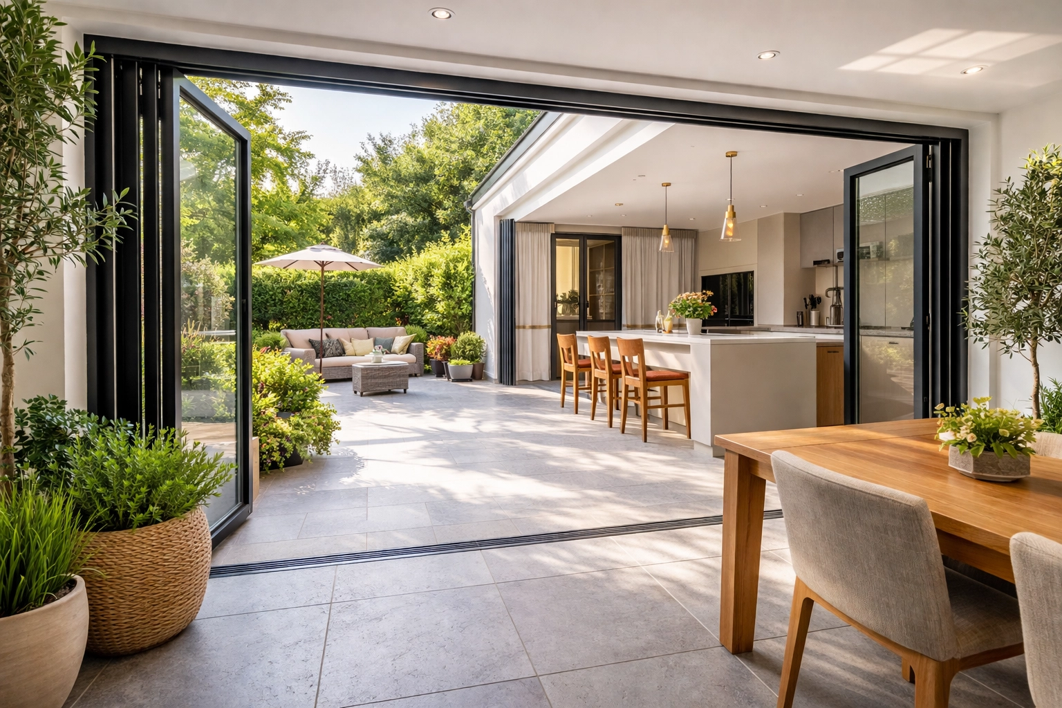 Modern kitchen extension with bi-fold doors open and matching stone flooring connecting to patio