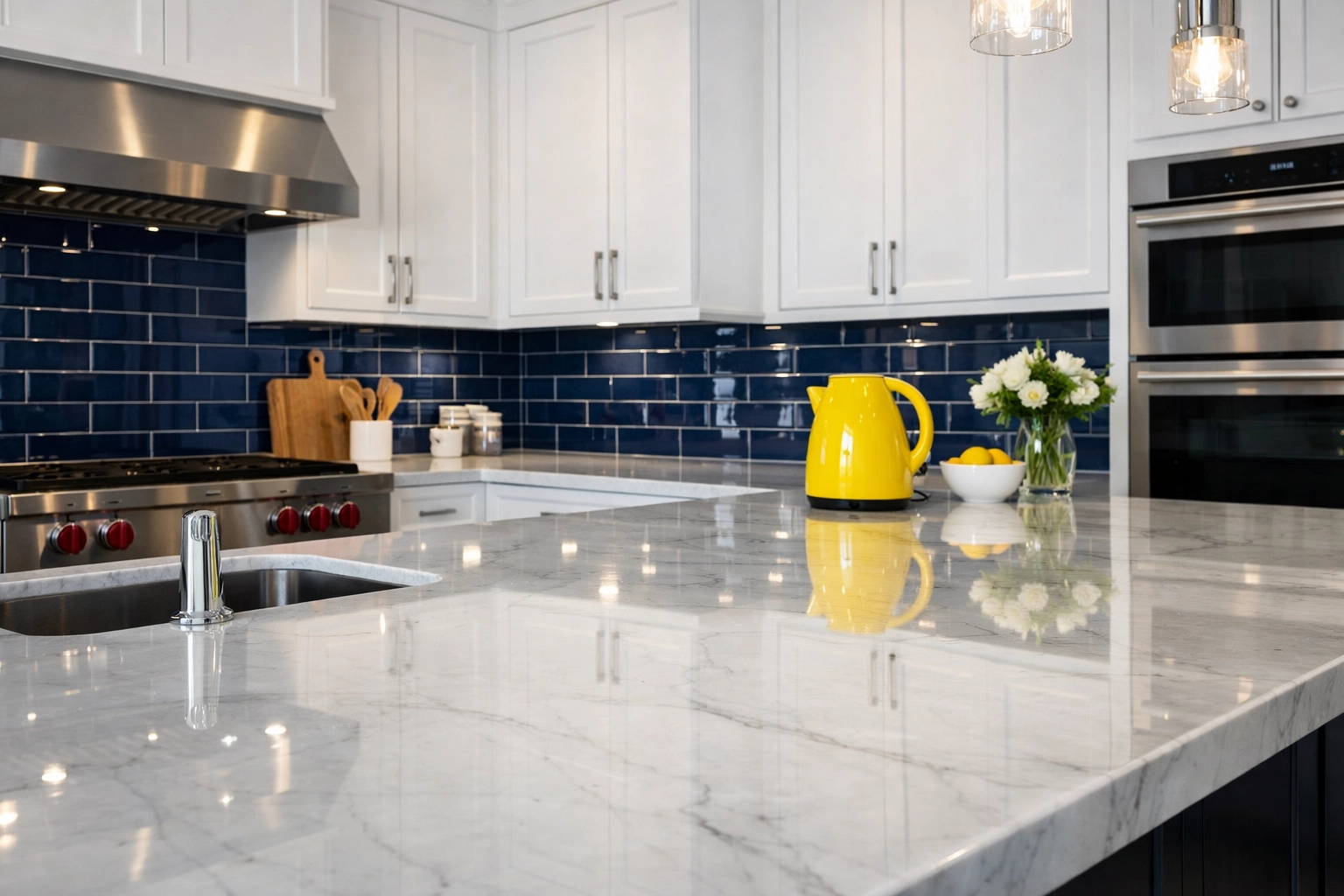 Spotless modern kitchen with marble countertops in a luxury Worcester MA residence near Shrewsbury Street.