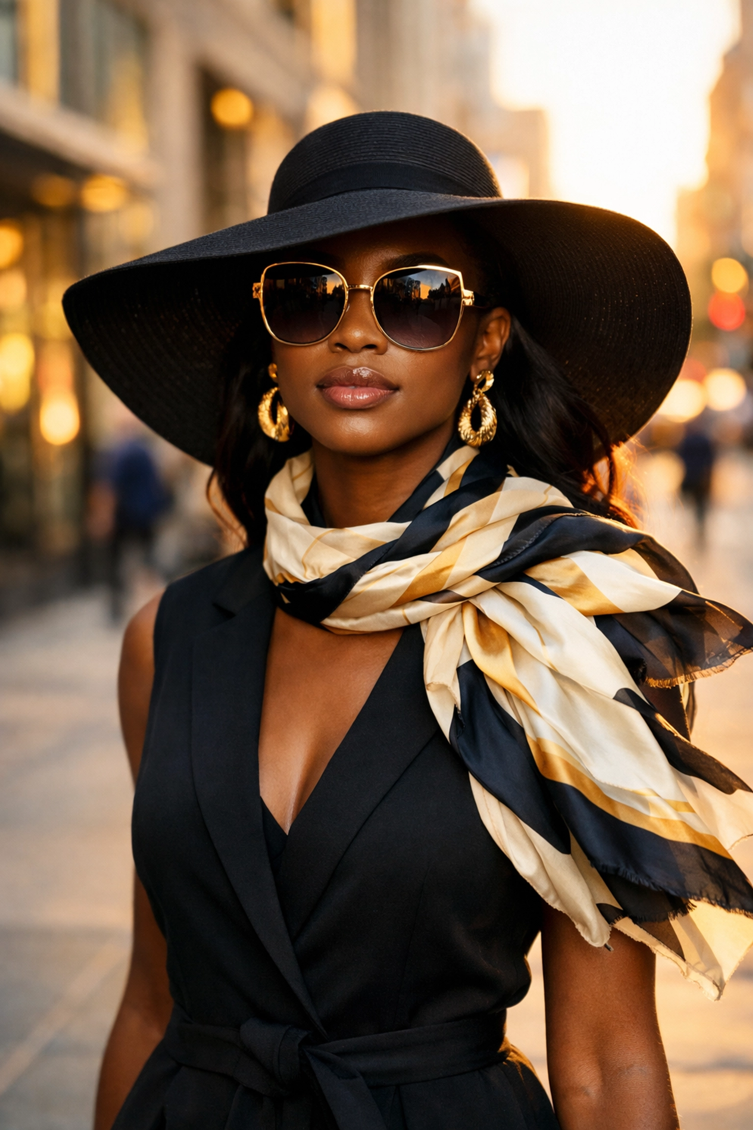 Empowered Black woman showcasing stylish accessories and gold eyewear to build her personal legacy.