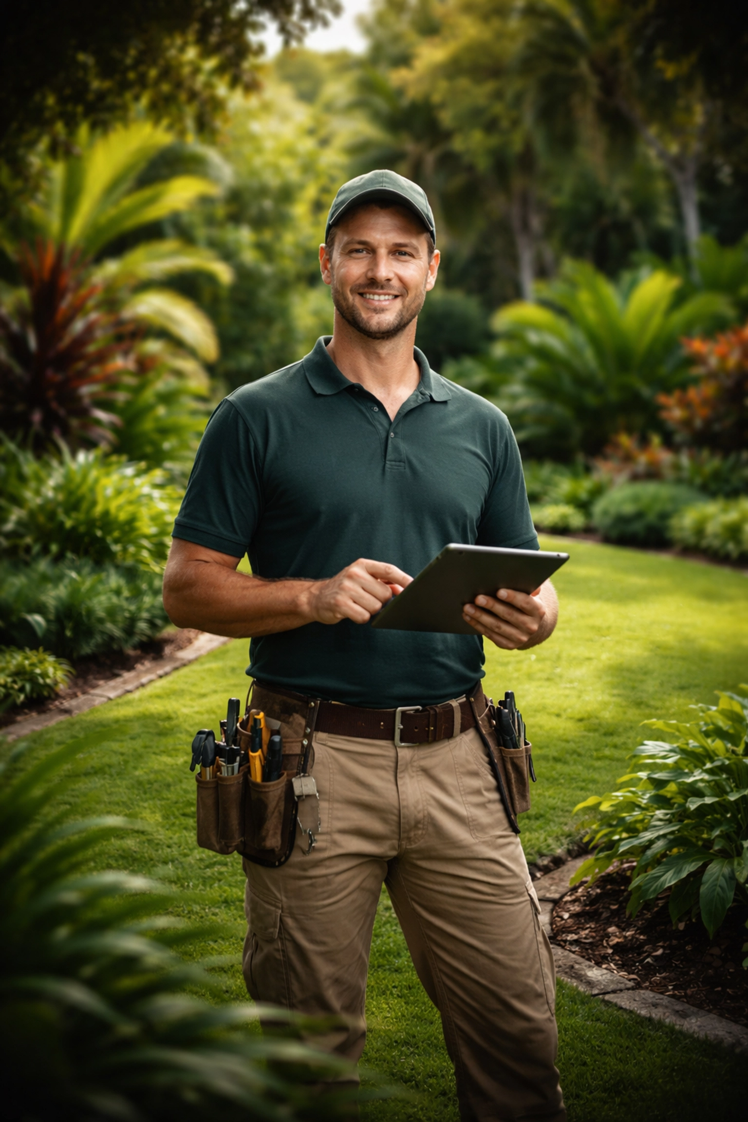 Brisbane landscaper with a tablet in a vibrant garden, showcasing professionalism in digital and hands-on garden services.