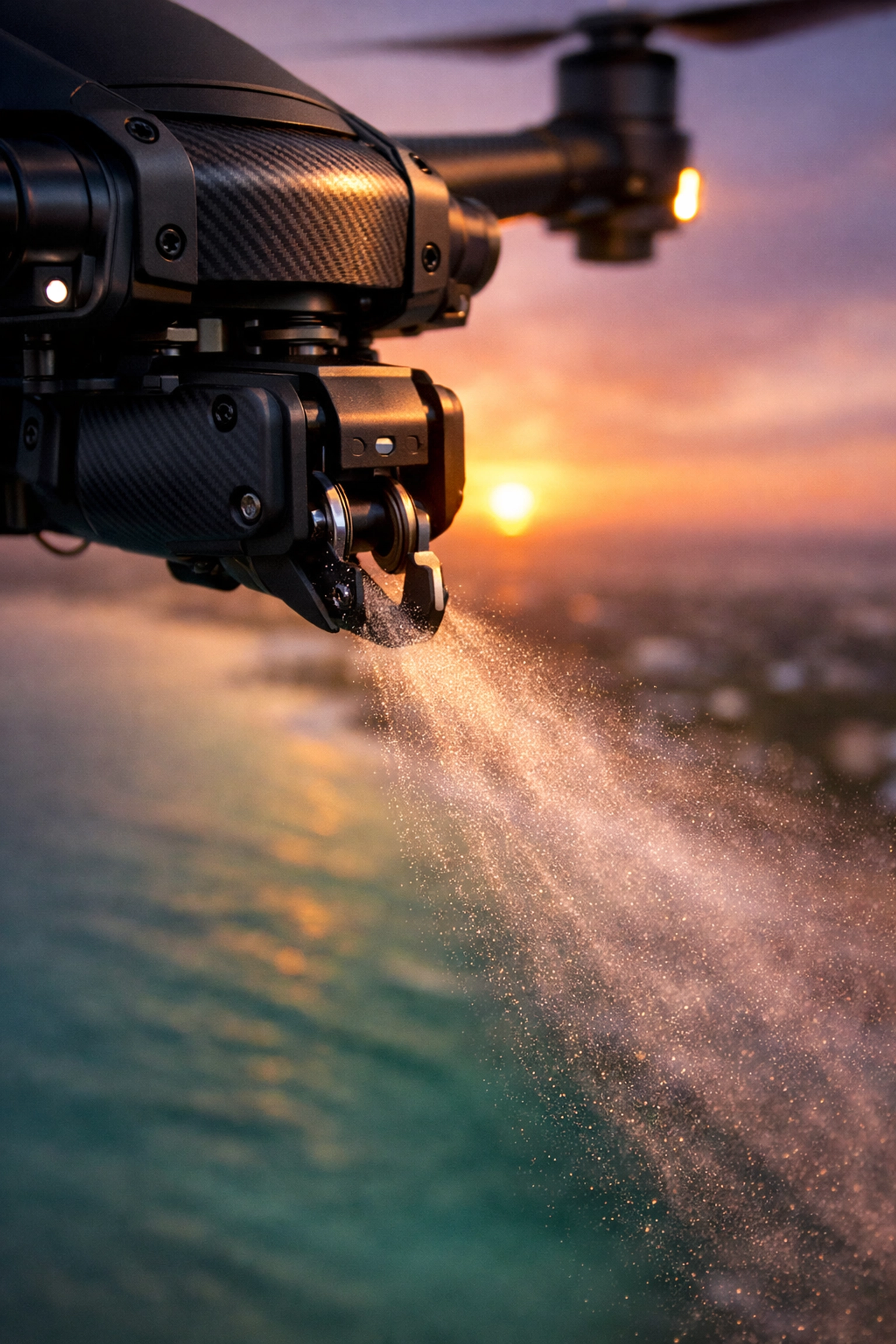Specialized drone ash scattering equipment releasing a graceful mist over the ocean during a sunset memorial.