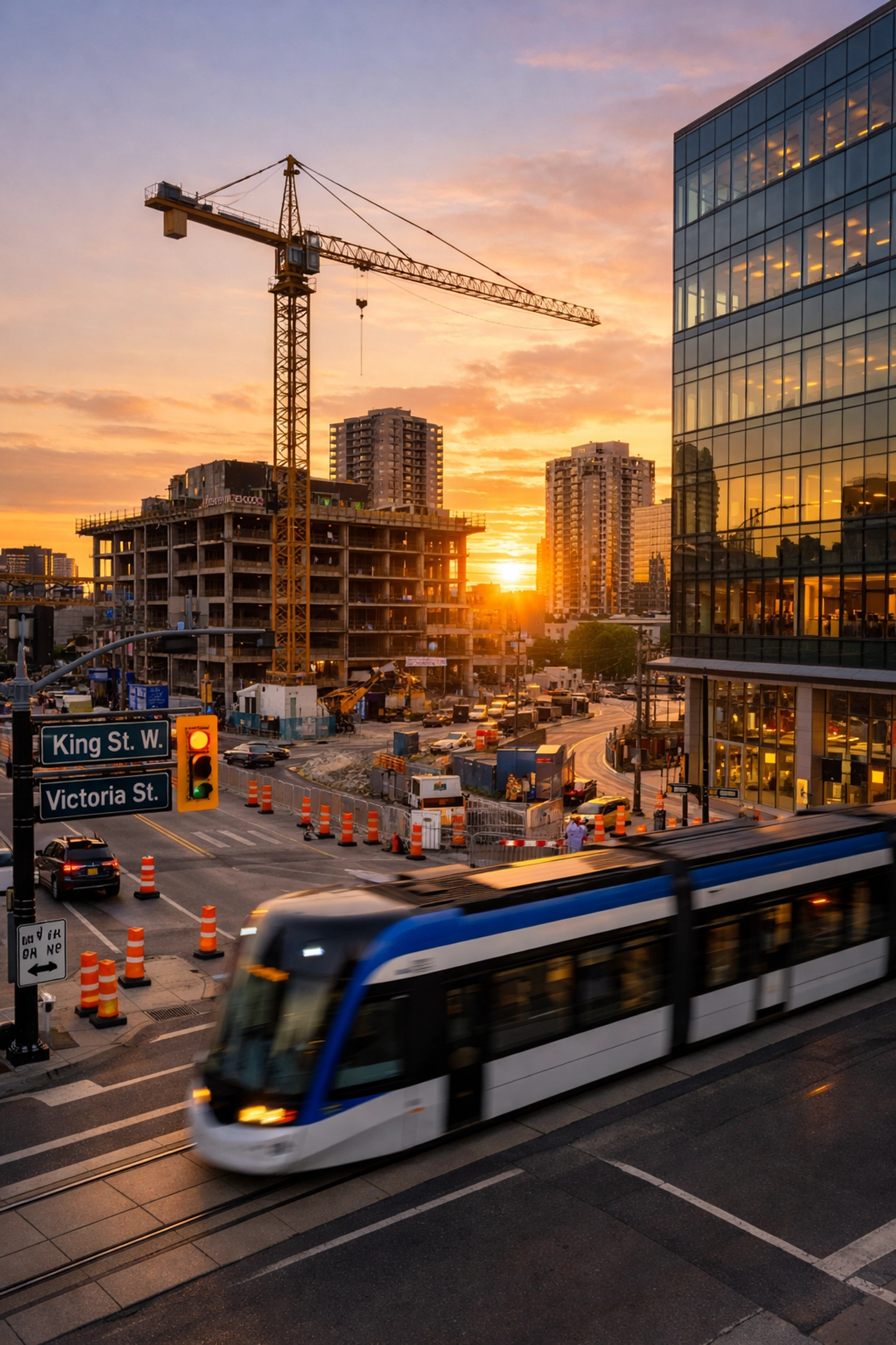 ION light rail passing the Kitchener Central Transit Hub construction site in Downtown Kitchener at sunset.