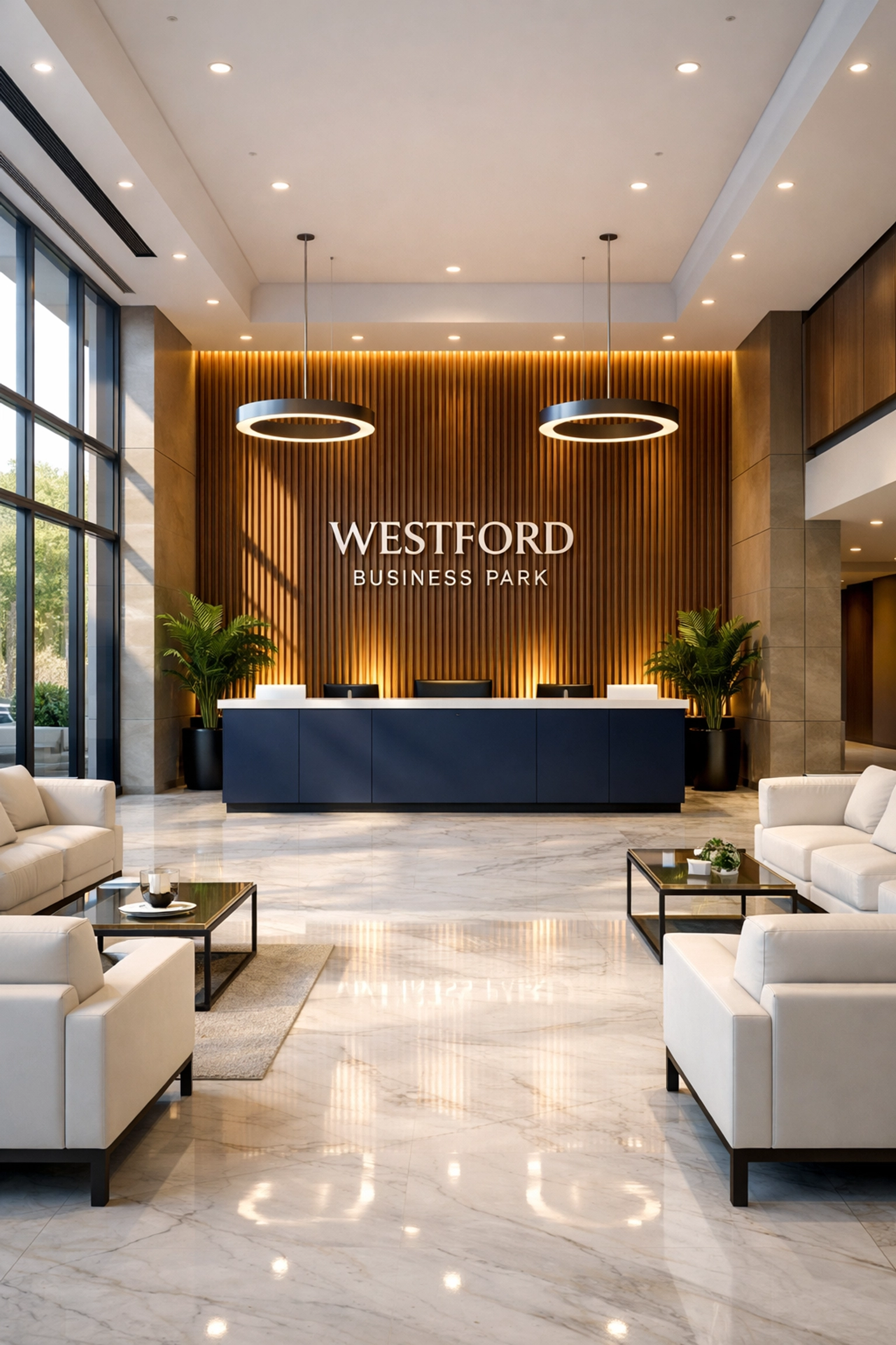 Clean corporate reception area with marble floors, ideal for professional office cleaning in Westford.