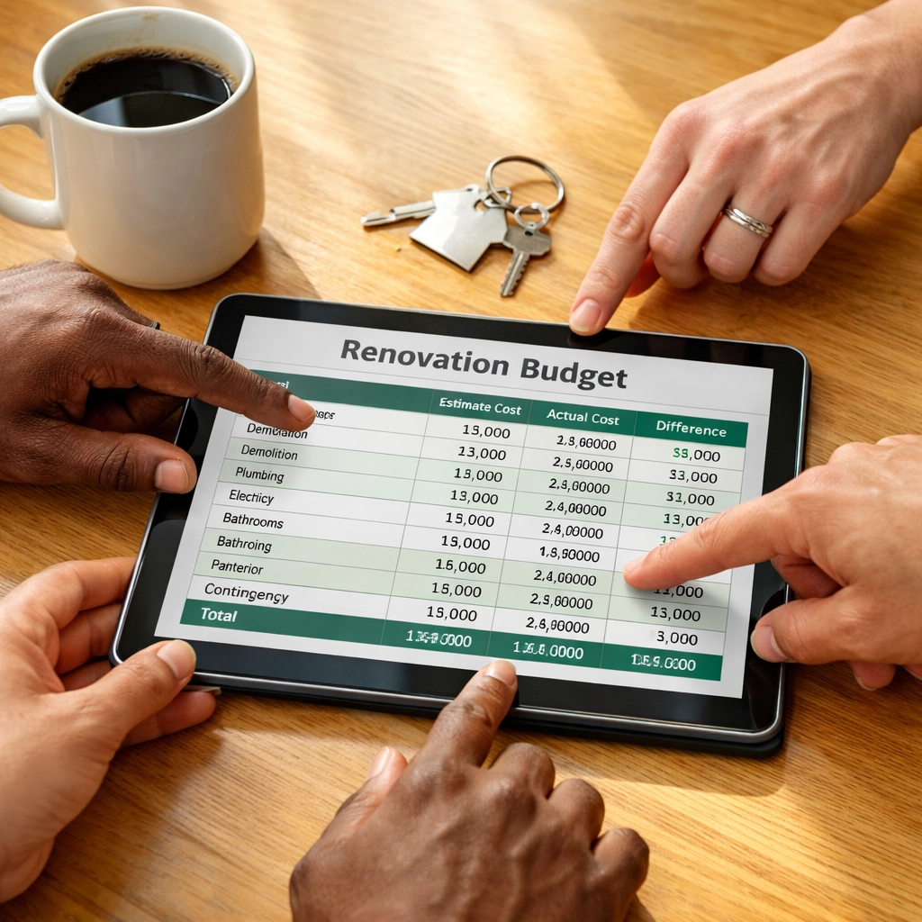 Investors reviewing renovation budget spreadsheet for fix and flip project planning