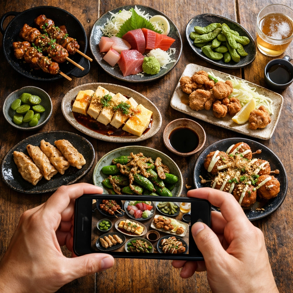 Flat lay of Japanese small plates, demonstrating how to photograph the best food spots in Tokyo.