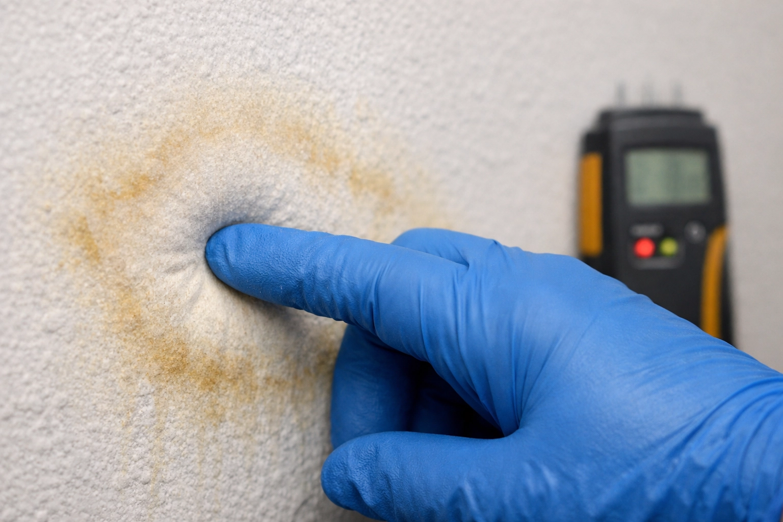 Inspector testing water-damaged drywall for soft spots showing brown water stains
