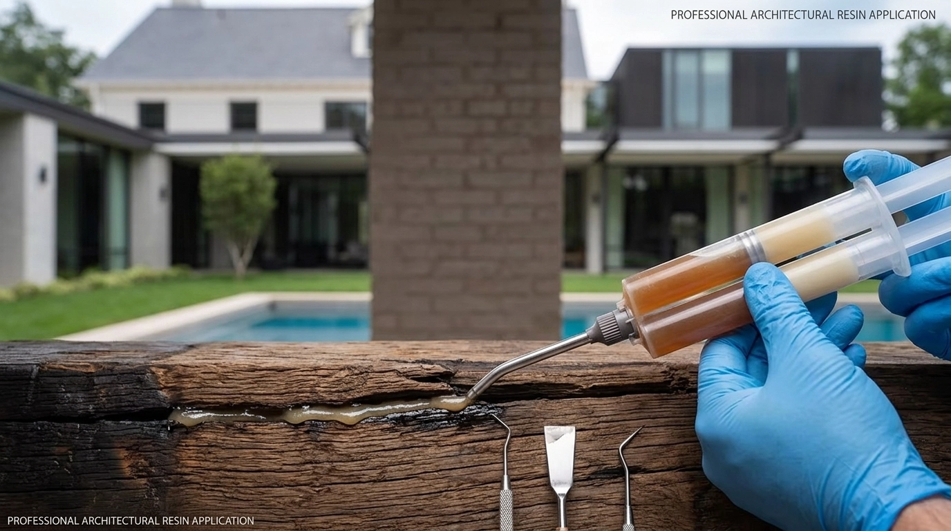 Macro shot of architectural wood epoxy being applied to restore a historic wood pillar.