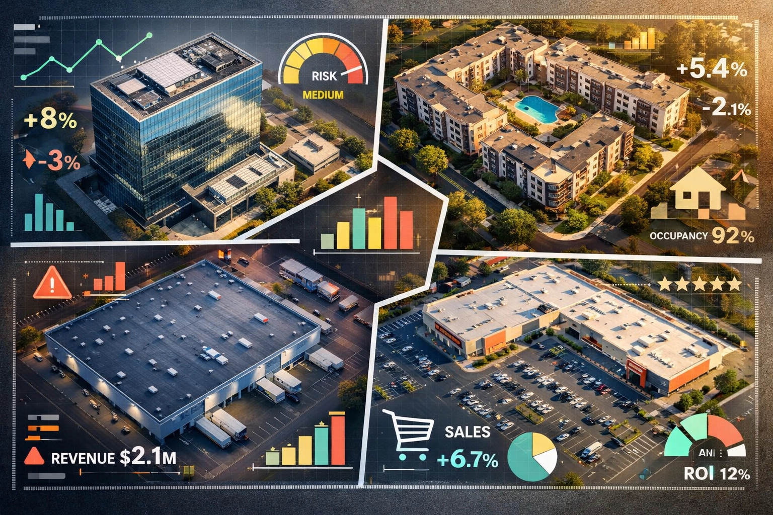 Aerial view of diversified real estate portfolio showing commercial and residential properties
