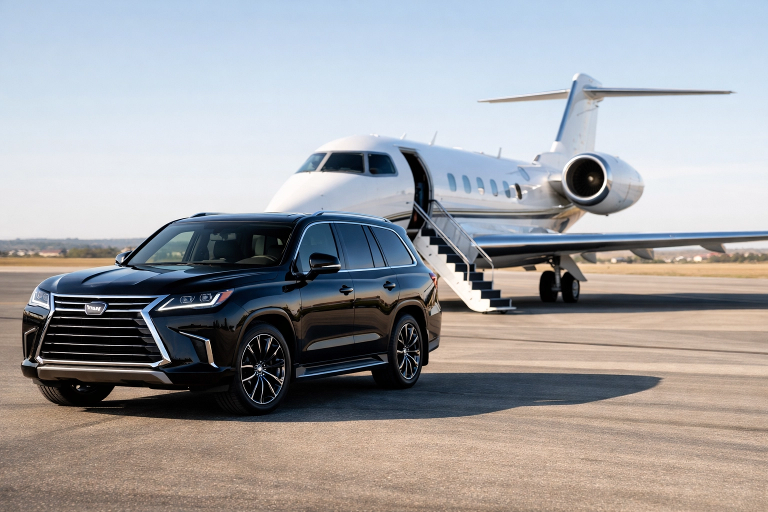 Luxury corporate SUV and private jet waiting on a tarmac for Super Bowl VIP executive travel.