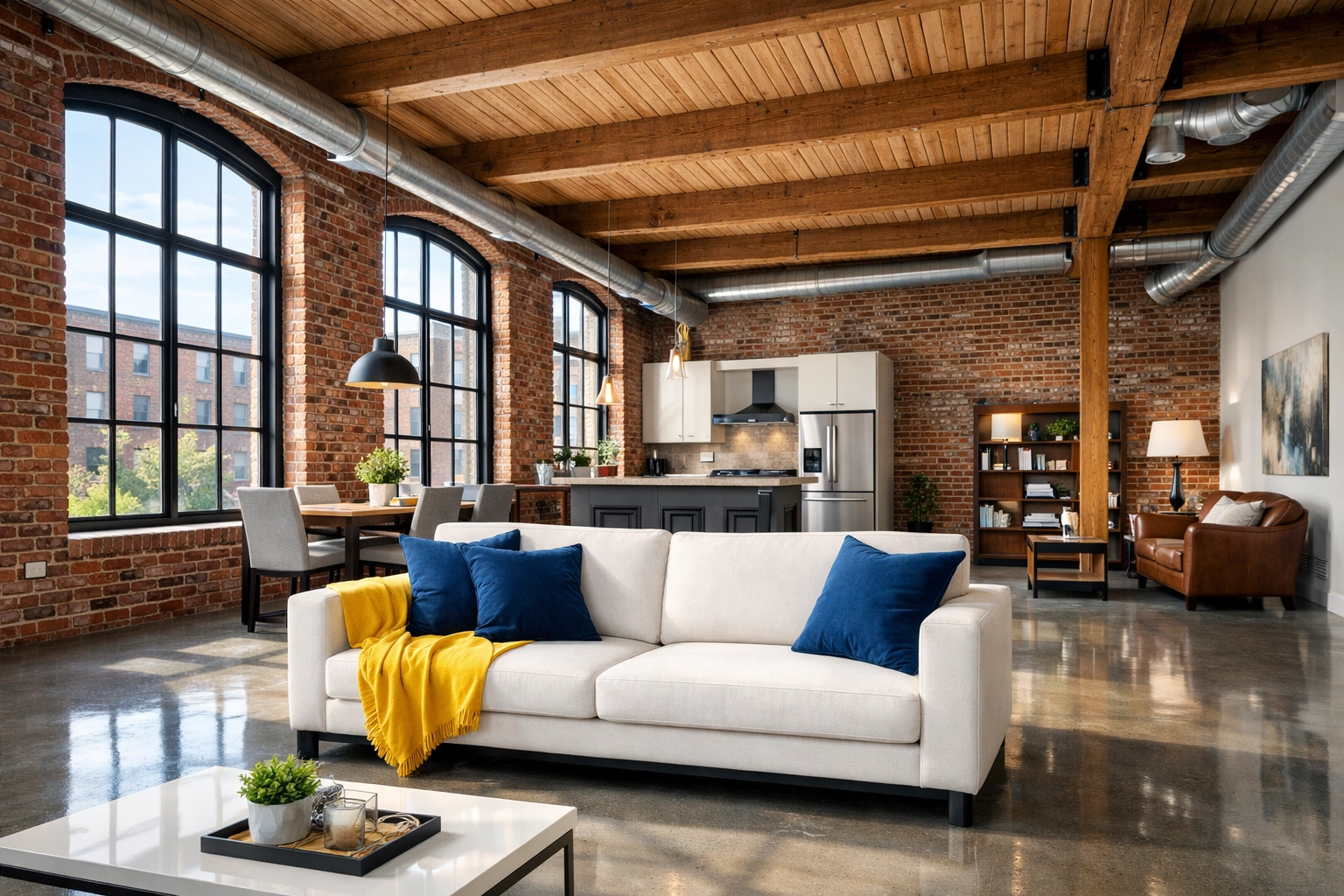 Professional deep cleaning Lowell mill loft with historic brick walls and high ceilings.