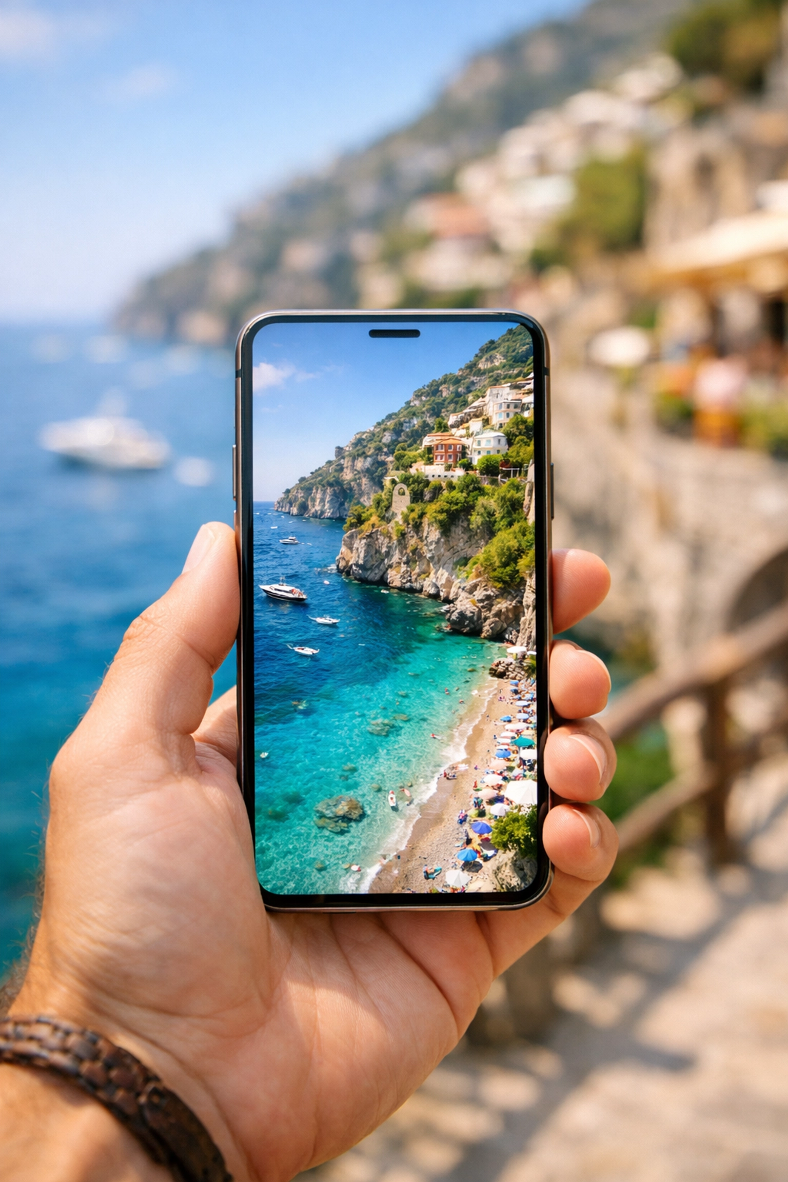 Vibrant Amalfi Coast travel photography displayed on a mobile screen with perfect web optimization.