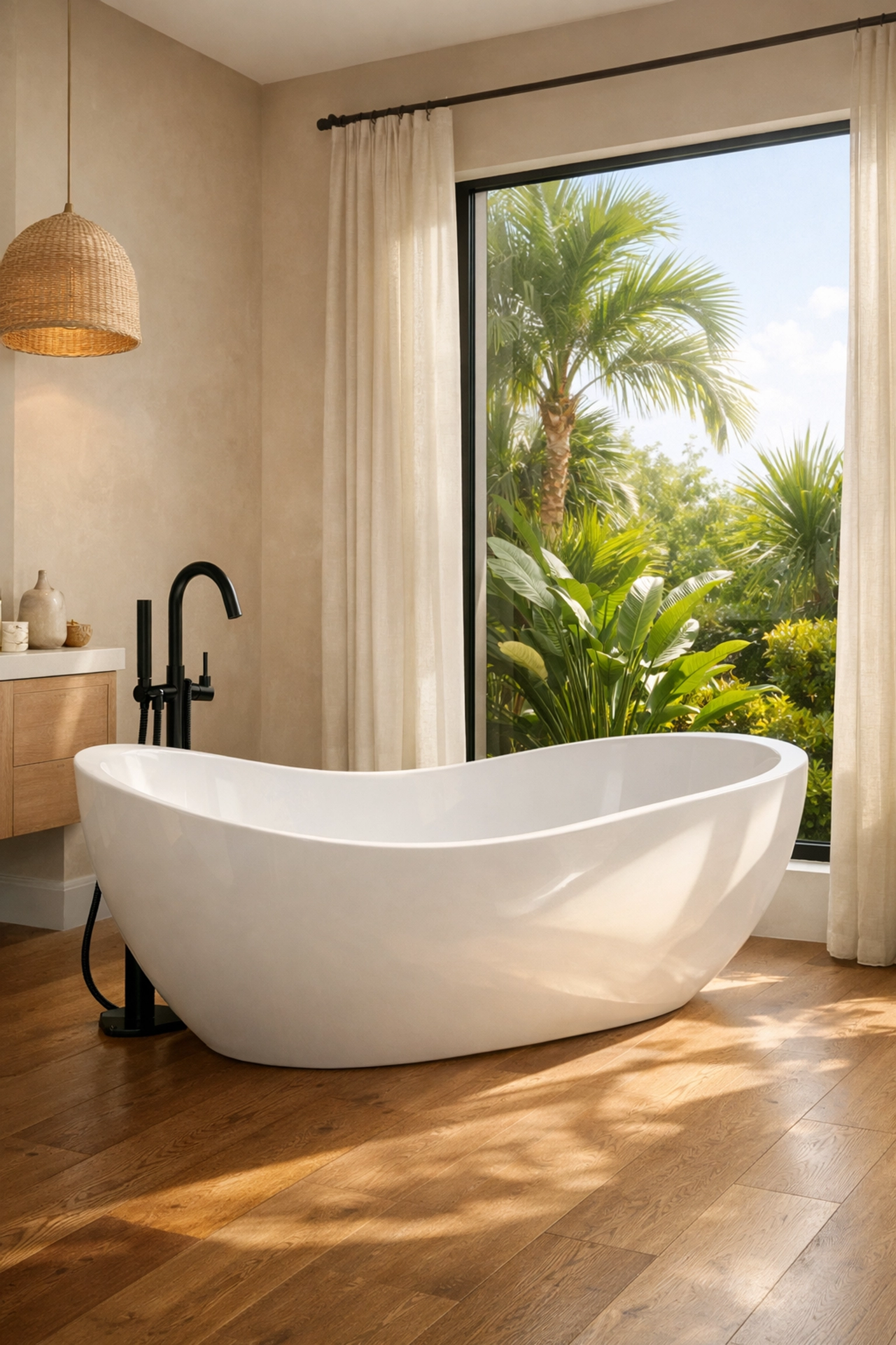 Freestanding soaking tub in spa-like Orlando bathroom with natural light and modern design