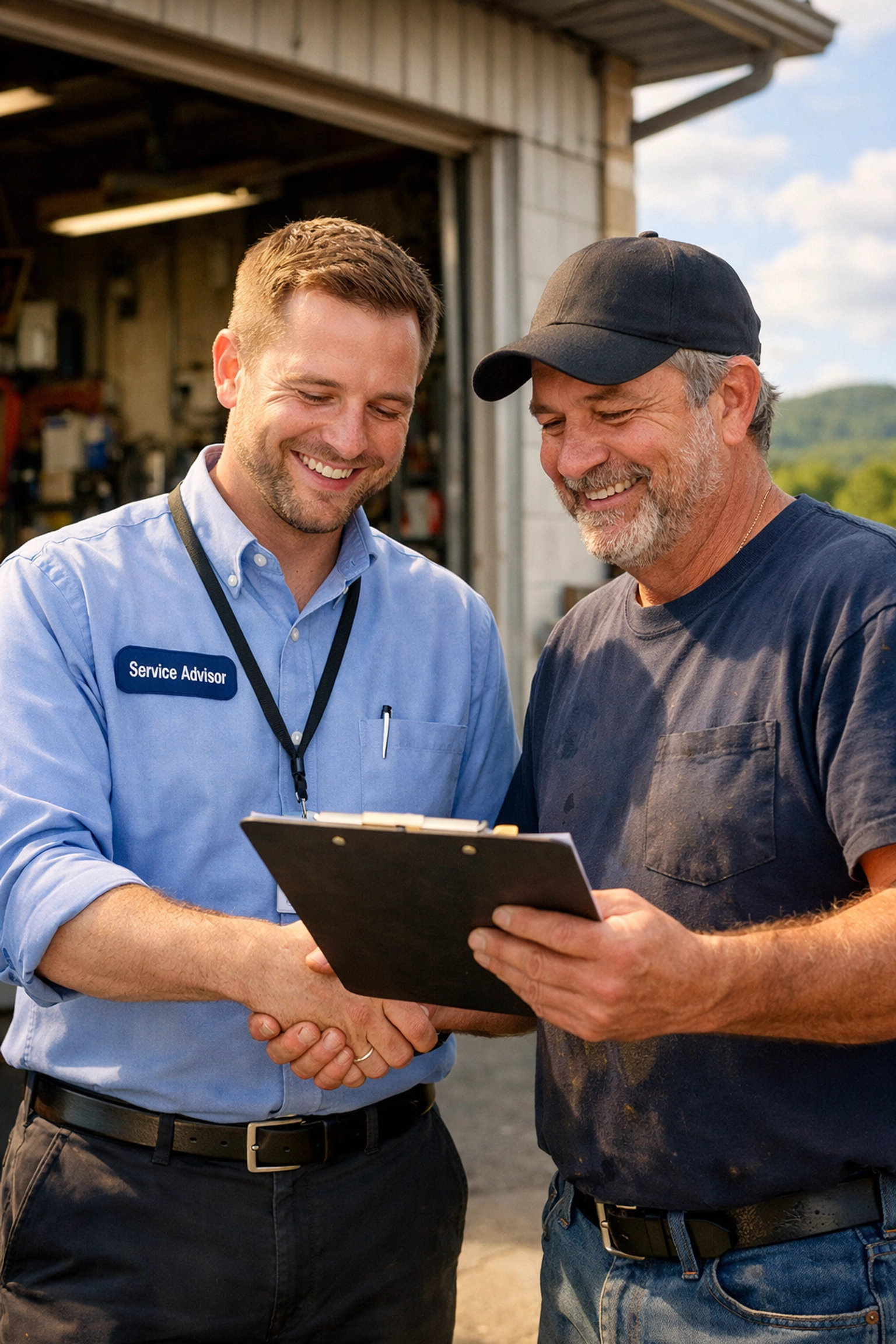 Service advisor and local business owner shaking hands at a professional fleet maintenance shop.