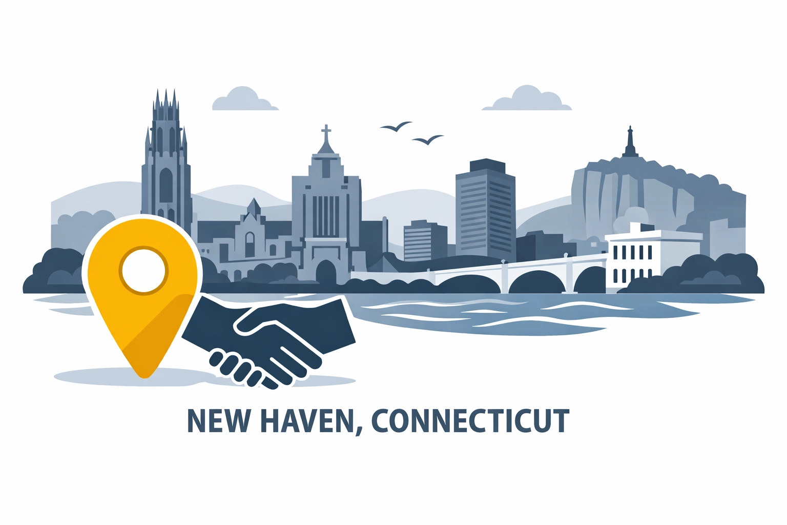 New Haven skyline and handshake icon representing local tax preparation services in CT.
