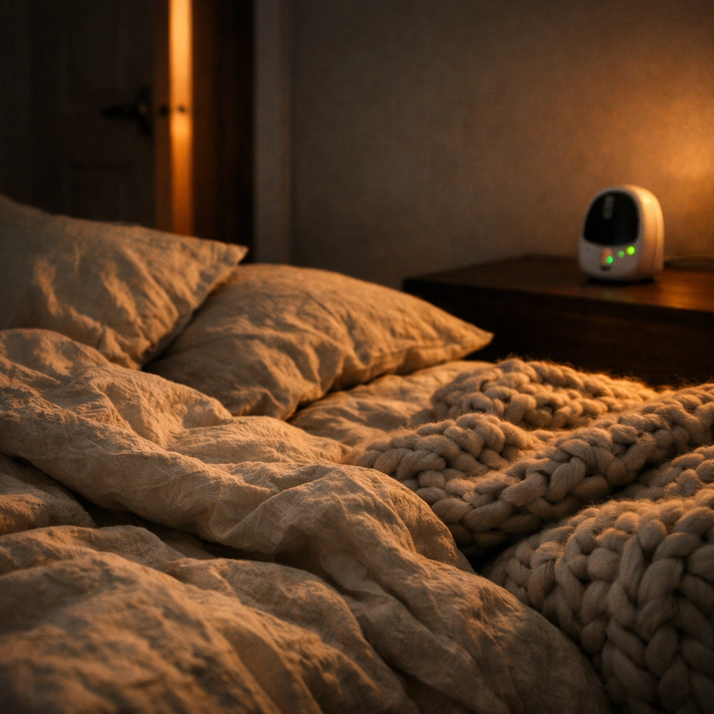 Quiet bedroom scene with a baby monitor, illustrating the restorative sleep an overnight postpartum doula provides.