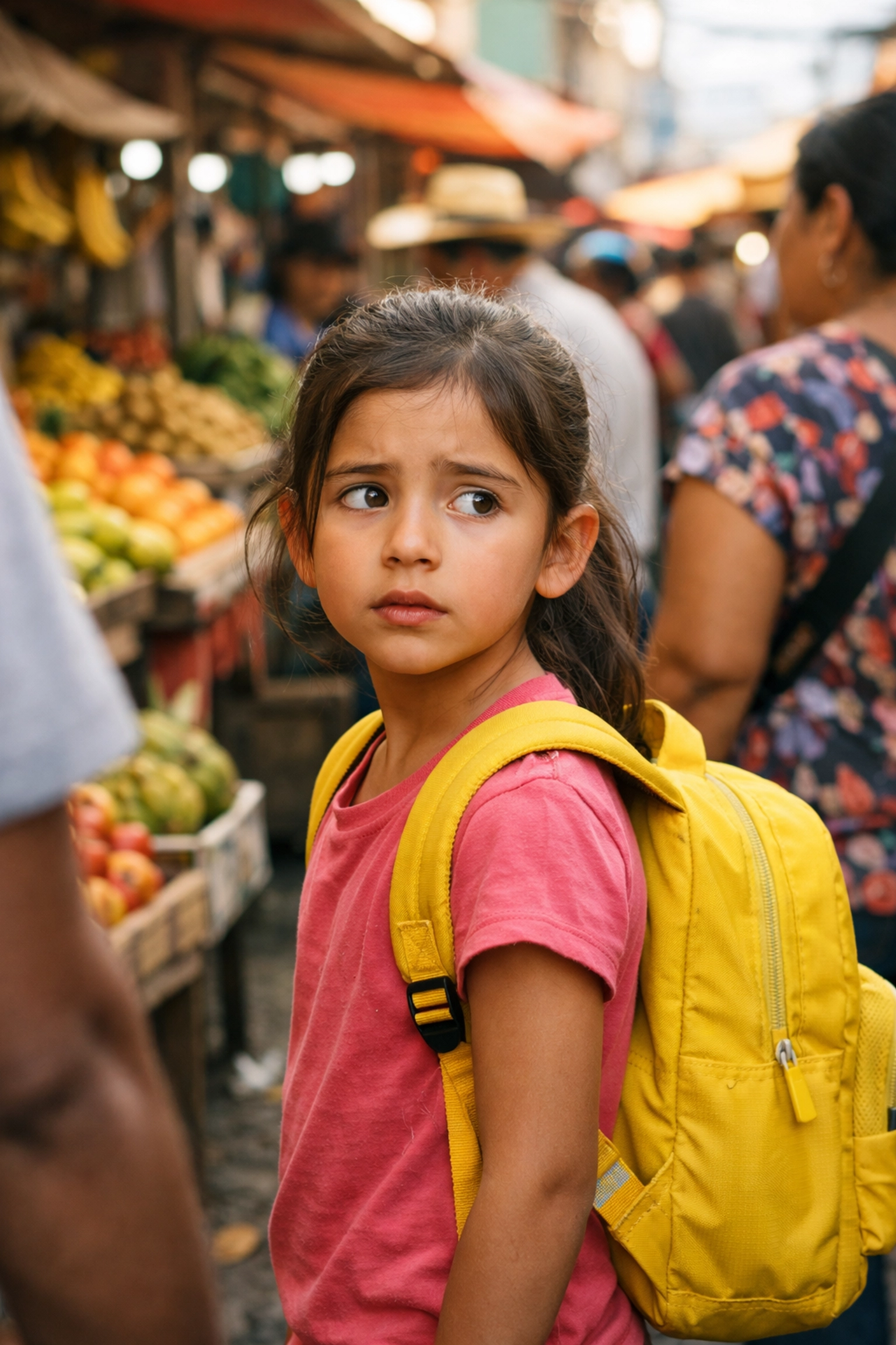 Young child with backpack in crowded Medellin marketplace needing family protection