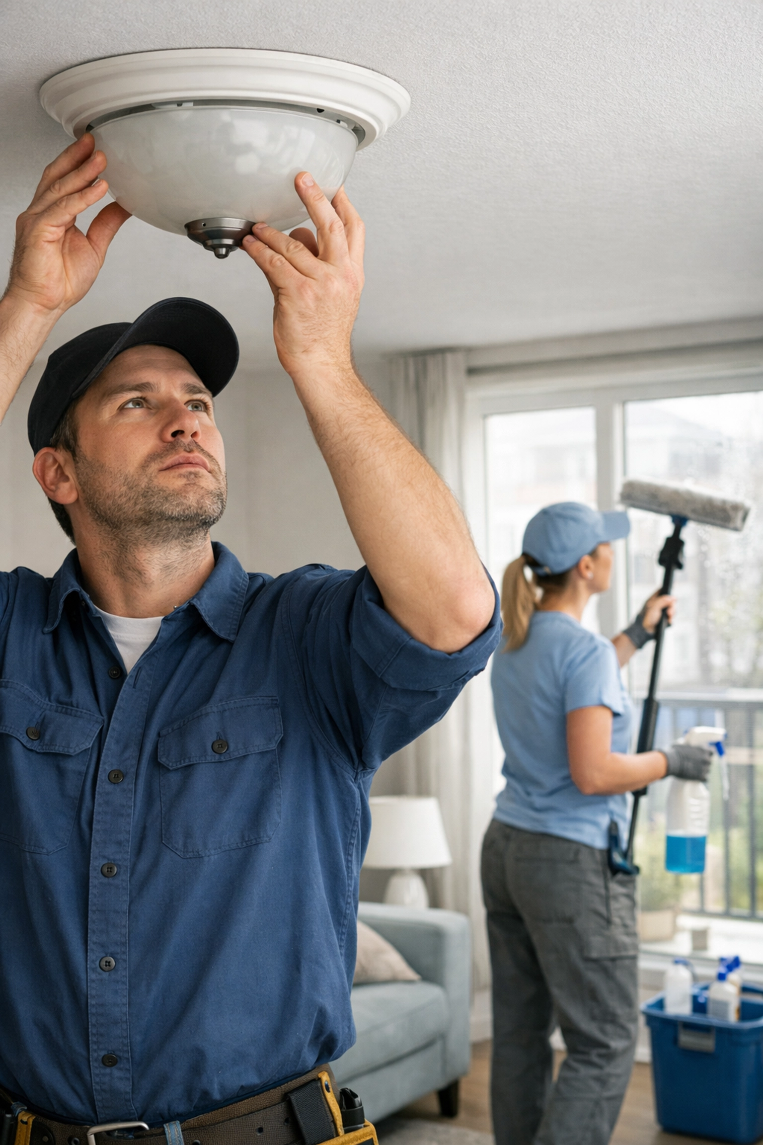 Maintenance and cleaning professionals working together on apartment make-ready service