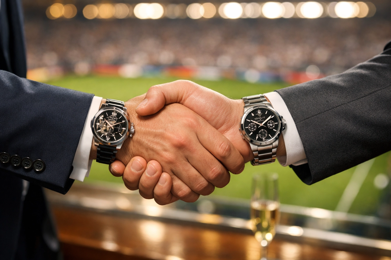 Business leaders shaking hands in a stadium VIP box to close a million-dollar deal.