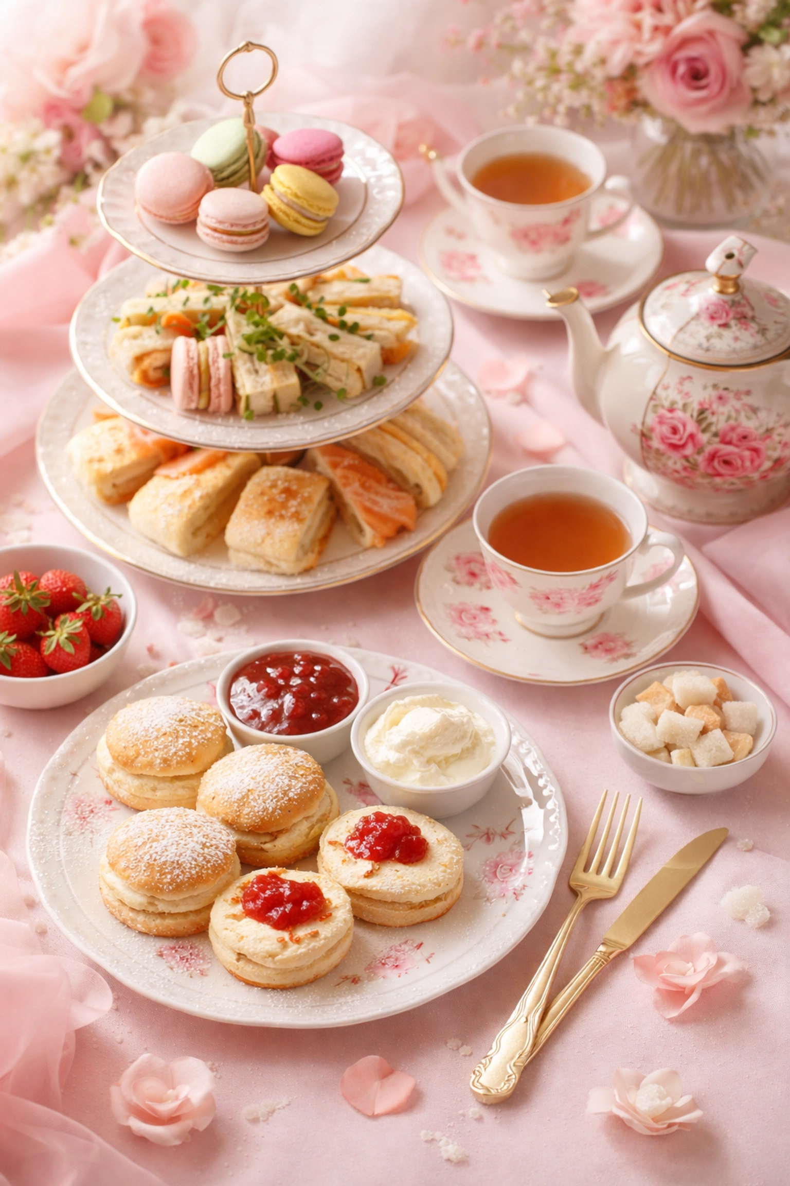 Afternoon tea spread with scones, macarons, and floral teapot at Felixstowe’s Little Dreams Cafe
