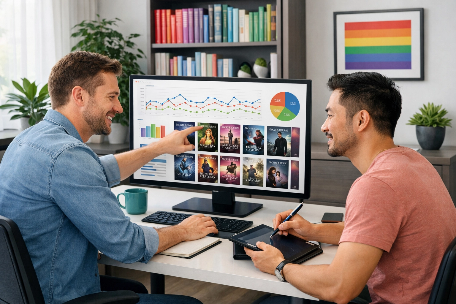 Gay authors collaborating on independent publishing strategy with analytics