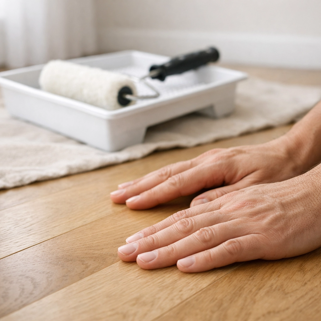 Professional hands inspecting light hardwood flooring near paint supplies for tax-deductible rental maintenance.