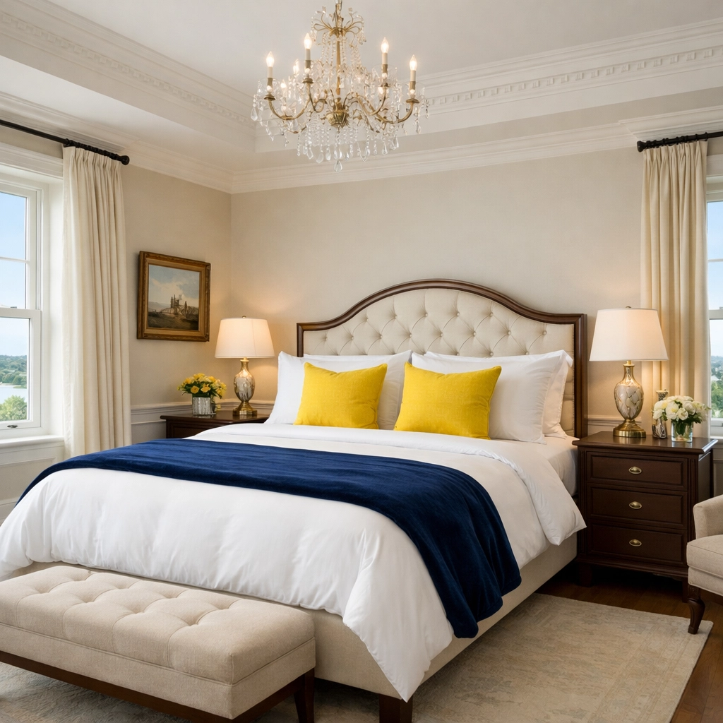 Clean and luxury guest bedroom in a Lunenburg estate with fresh white linens and high ceilings.