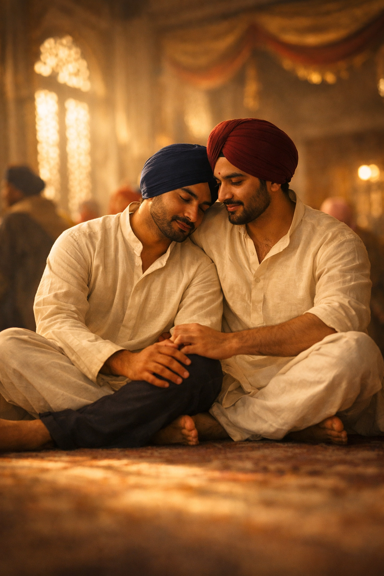Two gay Sikh men sit together during prayers at London Gurdwara - MM romance story