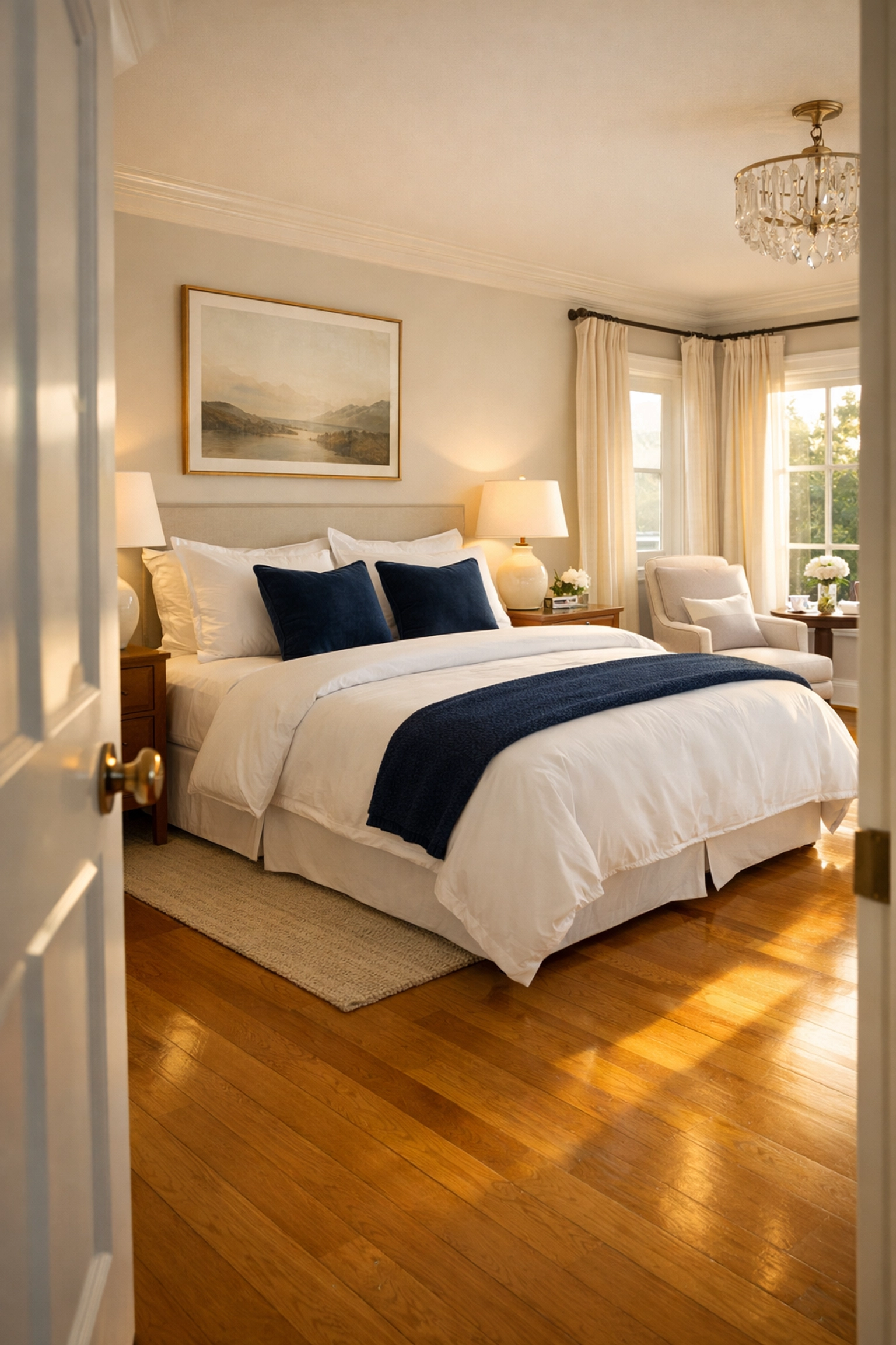 Serene master bedroom in Westwood with professionally cleaned hardwood floors and crisp white linens.